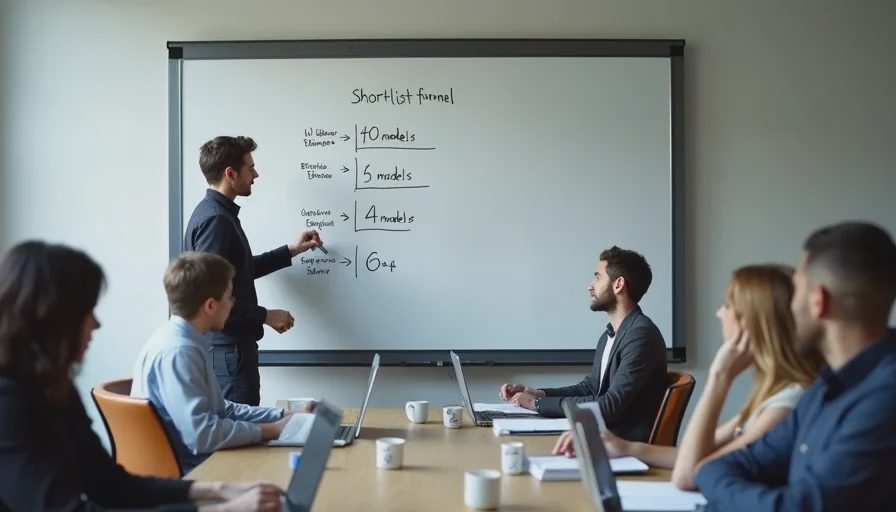 Data scientist drawing AI model shortlist funnel on whiteboard.