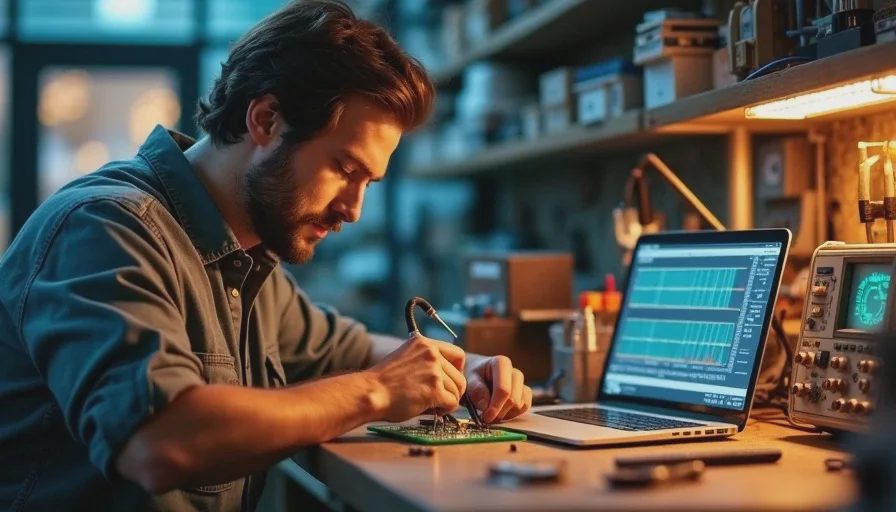 Small business owner calculating AI API costs in supermarket office.